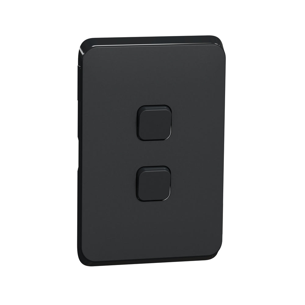 Clipsal Iconic 3042C-XB two gang switch skin in Extra Black, front angle