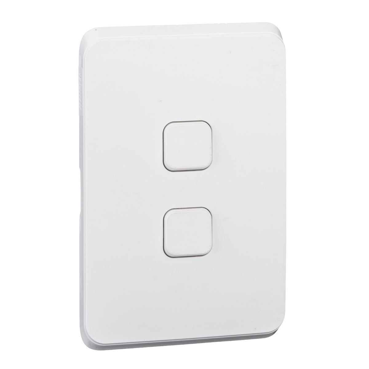Clipsal 3042C-XW Iconic two gang switch plate skin in Extra White, angled front view