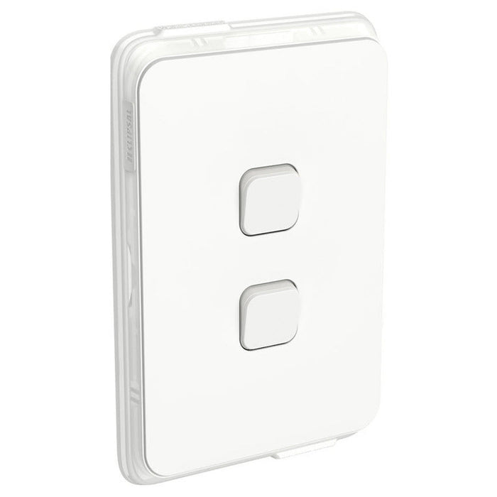 Clipsal Iconic 2 Gang Vertical Switch, 1/2 Way, 10AX, IP44 | Vivid White | 3042V44-VW