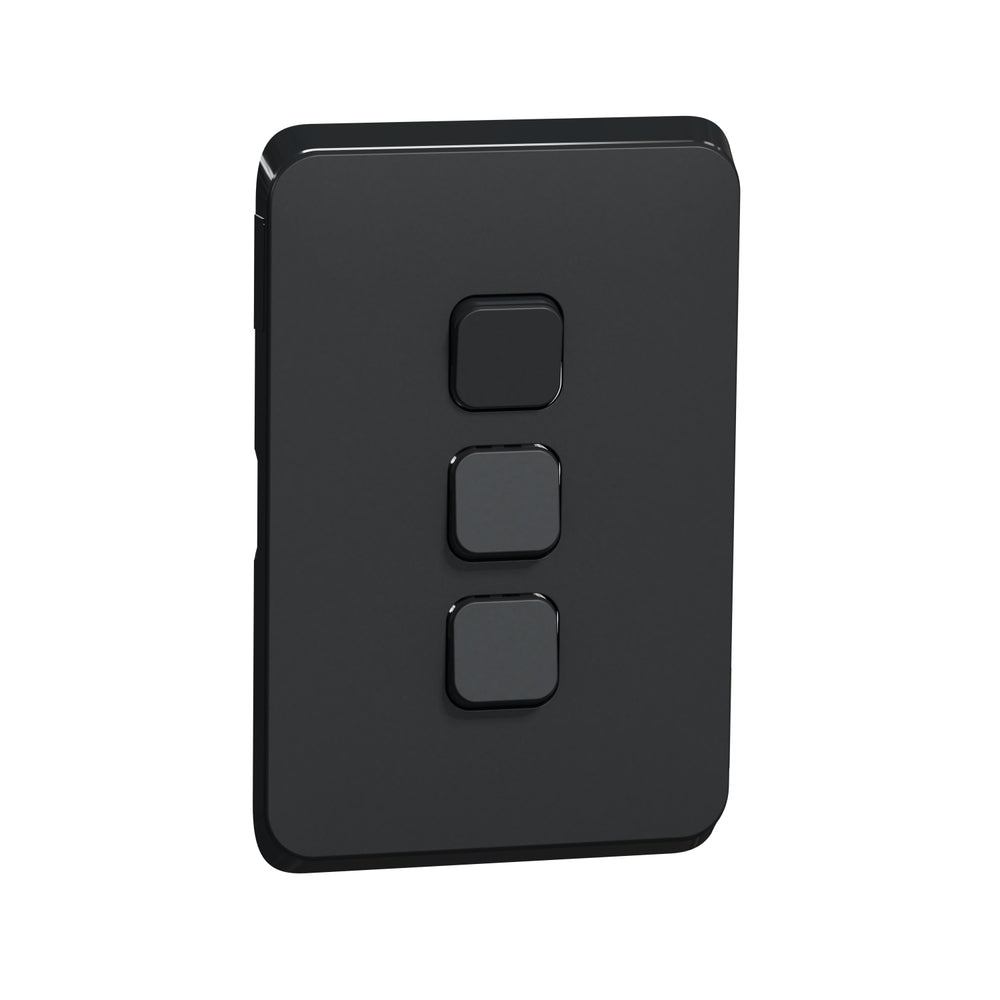 Clipsal Iconic 3043C-XB Extra Black 3 gang switch skin, angled front view