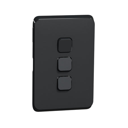 Clipsal Iconic 3043C-XB Extra Black 3 gang switch skin, angled front view