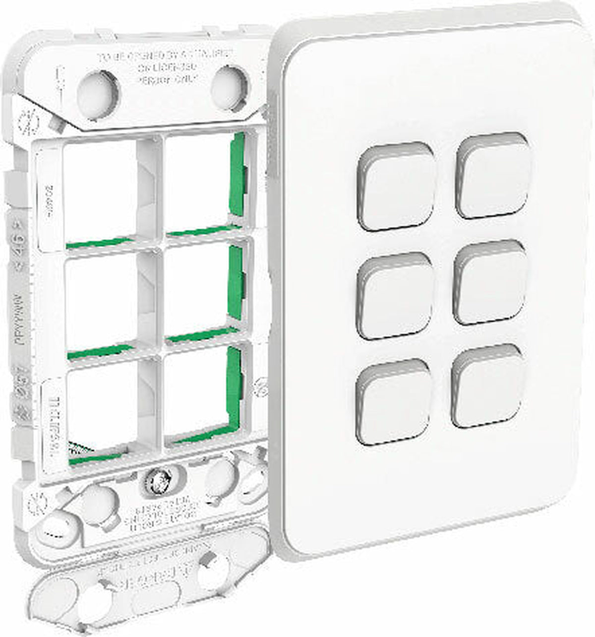 Clipsal Iconic 3046VH-VW six gang gridplate and Vivid White skin shown separately, mechanisms not included