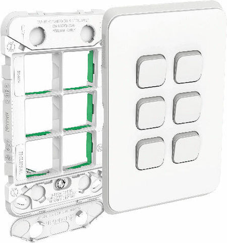 Clipsal Iconic 3046VH-VW six gang gridplate and Vivid White skin shown separately, mechanisms not included
