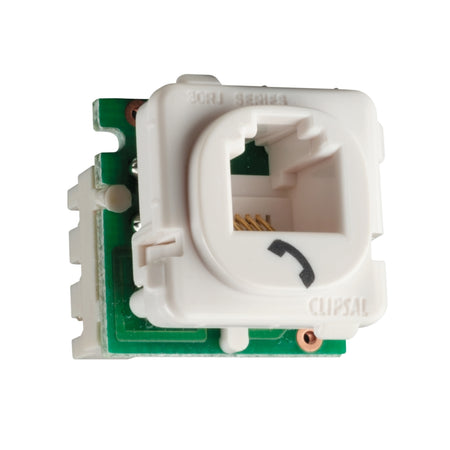 Clipsal 30RJ64SMT-WE White Electric RJ11 telephone socket mechanism, front angled view
