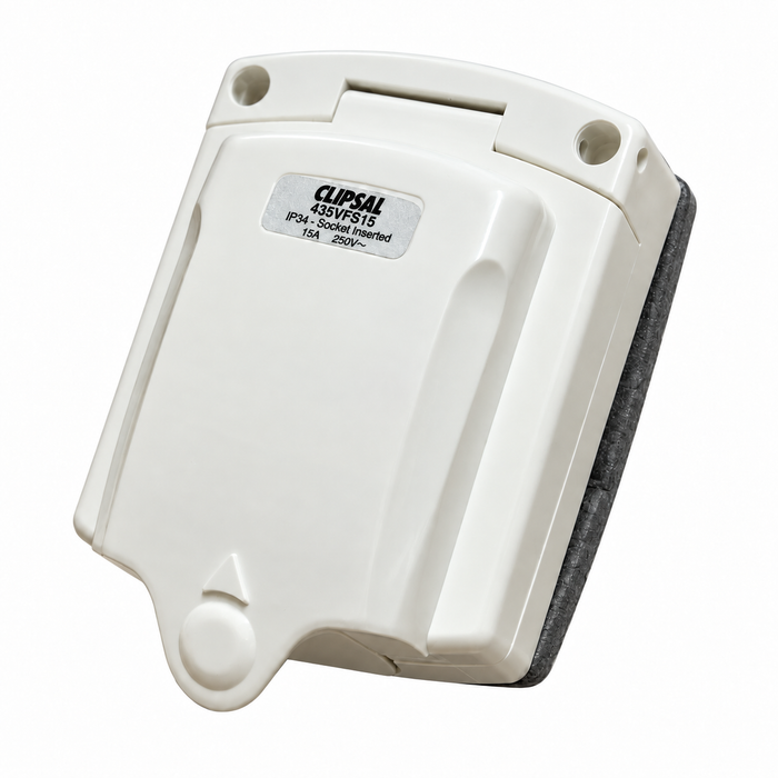 Clipsal Standard Series 3 Pin 15A 250V IP34 Weatherproof Socket Inlet | White Electric | 435VFS15-WE
