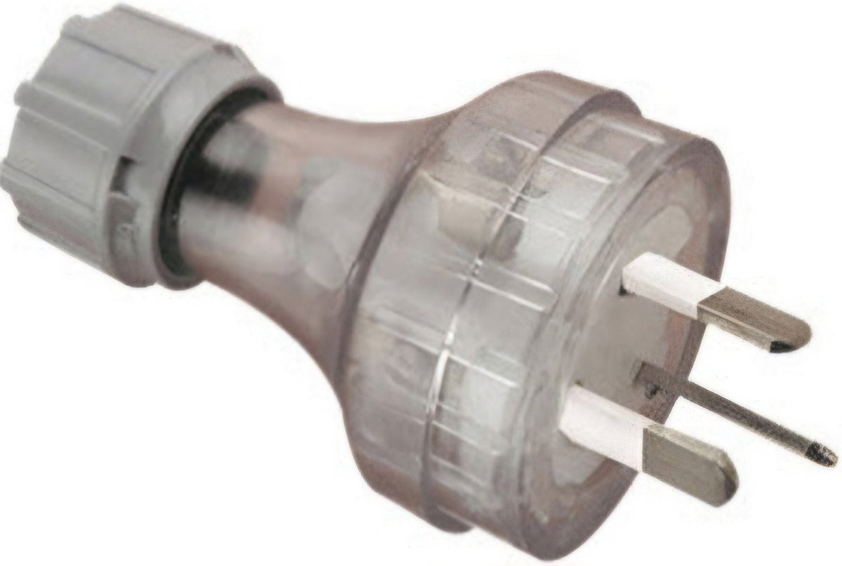 Clipsal 439S15-TR transparent 15A three pin straight plug showing insulated active and neutral pins