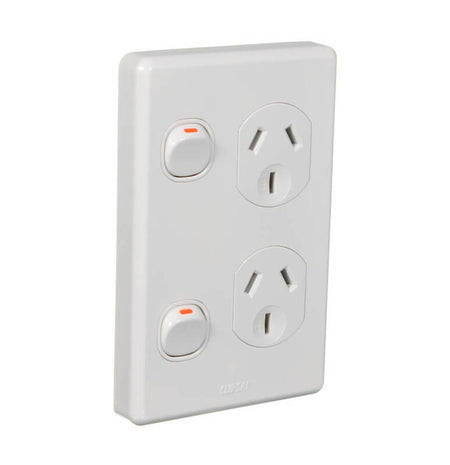 Clipsal C2025V-WE Classic vertical double power point in White Electric, angled front view