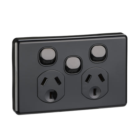 Clipsal C2025XA-BK Classic C2000 black double power point with extra switch, front view