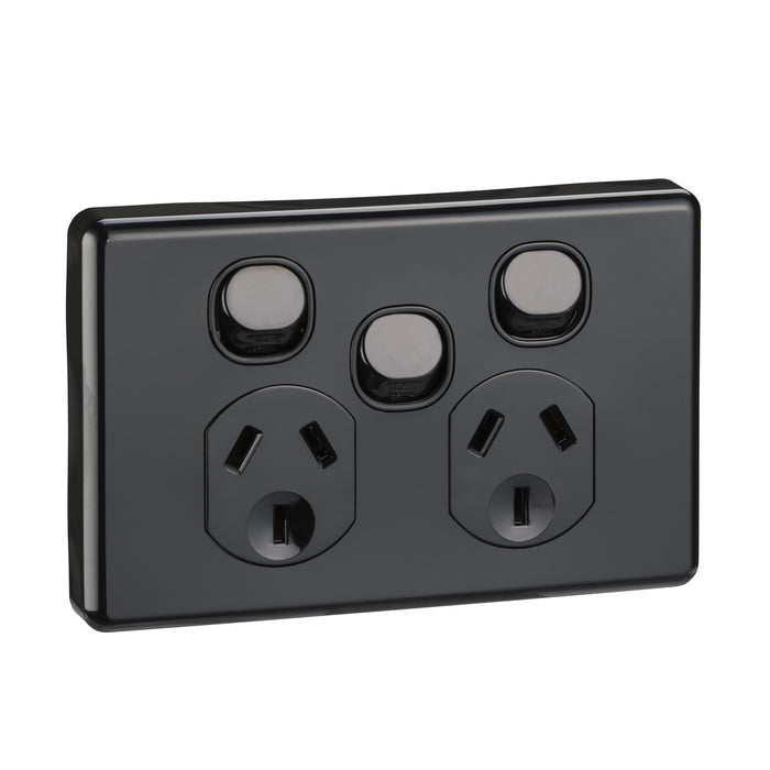 Clipsal Classic C2000 10A Double Power Point with Removable Extra Switch | Black | C2025XA-BK