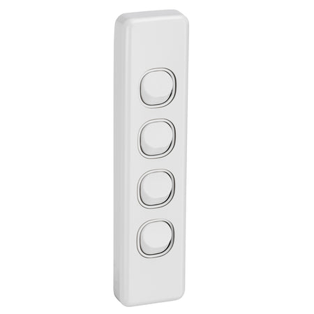 Clipsal C2034A-WE Classic C2000 four gang architrave switch in White Electric, angled view