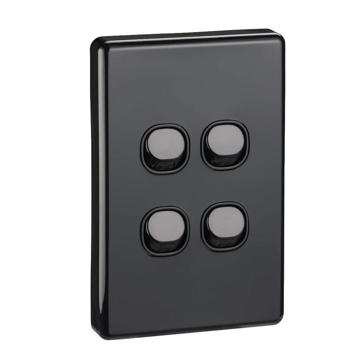 Clipsal C2034VA-BK black Classic C2000 four-gang light switch, front angle view