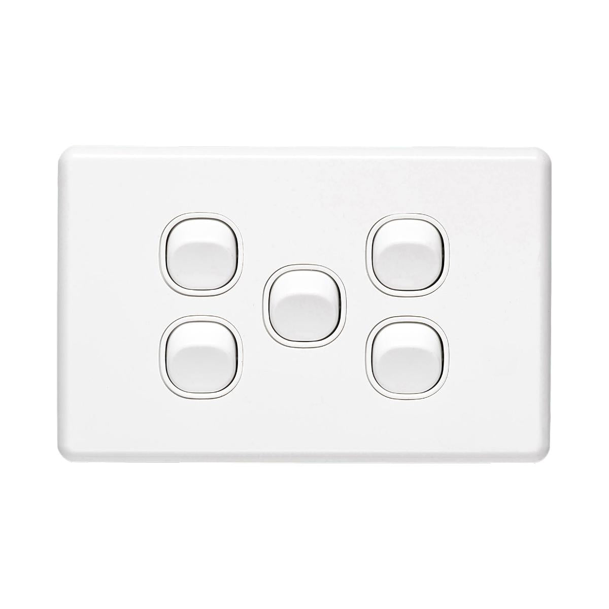 Clipsal Classic C2000 C2035HA-WE five-gang horizontal light switch in White Electric, front view