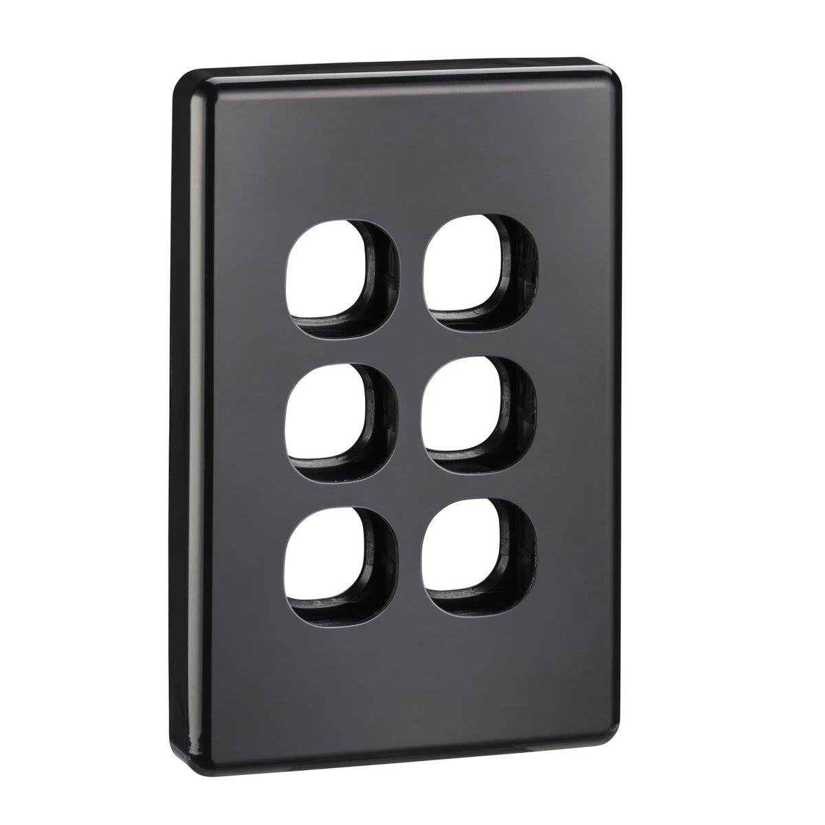 Clipsal C2036VH-BK Classic C2000 six-gang switch grid plate and cover in black - angled front view without mechanisms