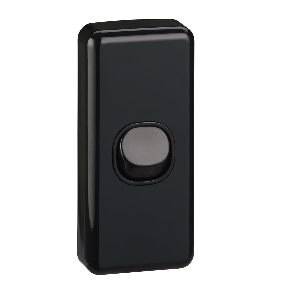 Clipsal Classic C2000 C2030-BK 1 gang architrave switch in glossy black, front angled view