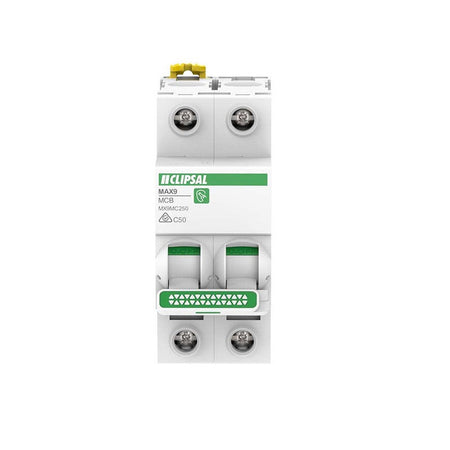 Clipsal MAX9 Miniature Circuit Breaker 2 Pole 50A C Curve 6kA | White | MX9MC250