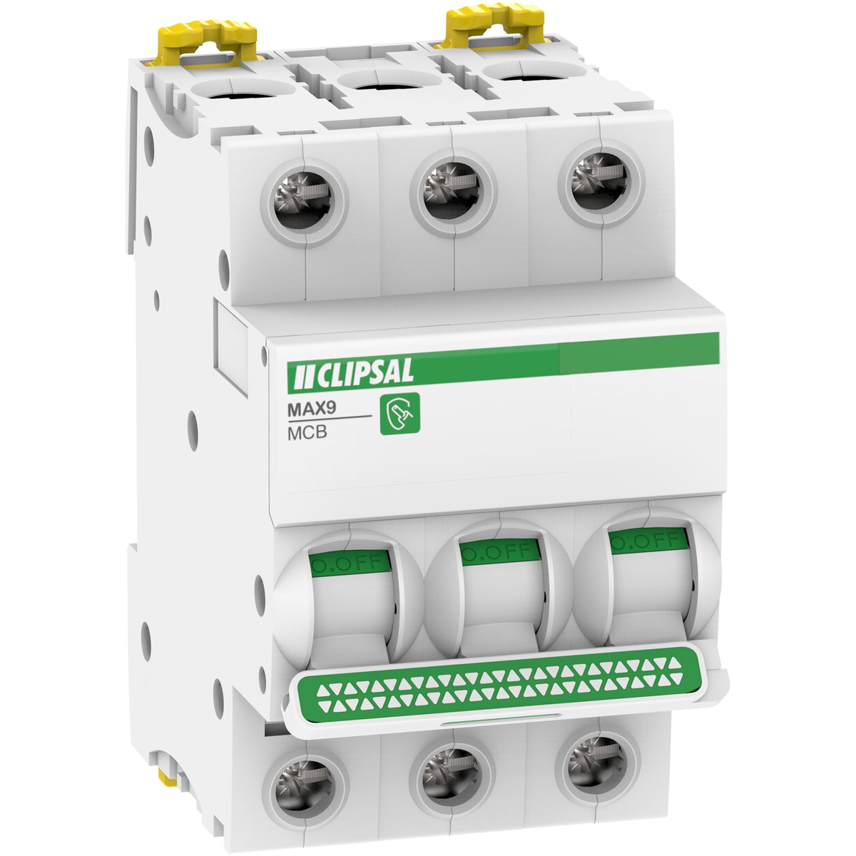 Clipsal MAX9 MX9MC310 white 10A three-pole circuit breaker, front angle