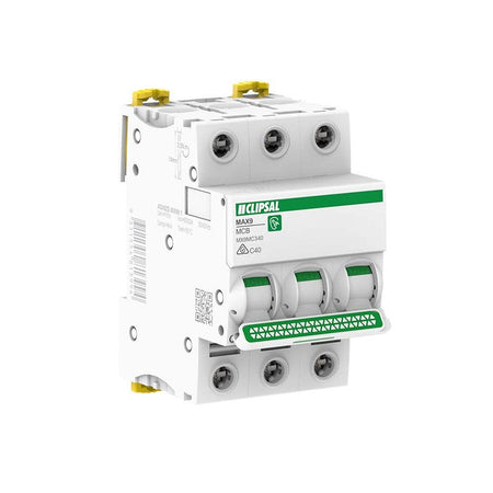Clipsal MAX9 MX9MC340 white 40A 3-pole circuit breaker, front angled view
