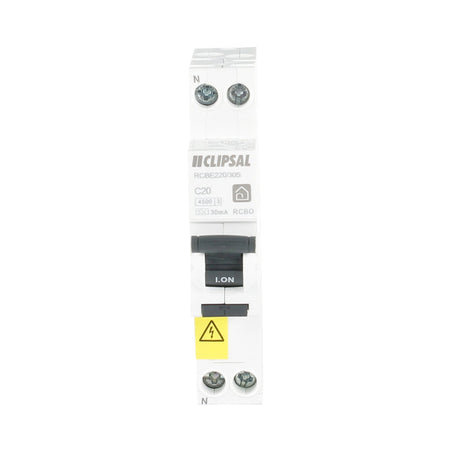 Clipsal Resi MAX Slim 20A 30mA Type A RCBO 1P+N 4.5kA | White/Black | RCBE220/30S