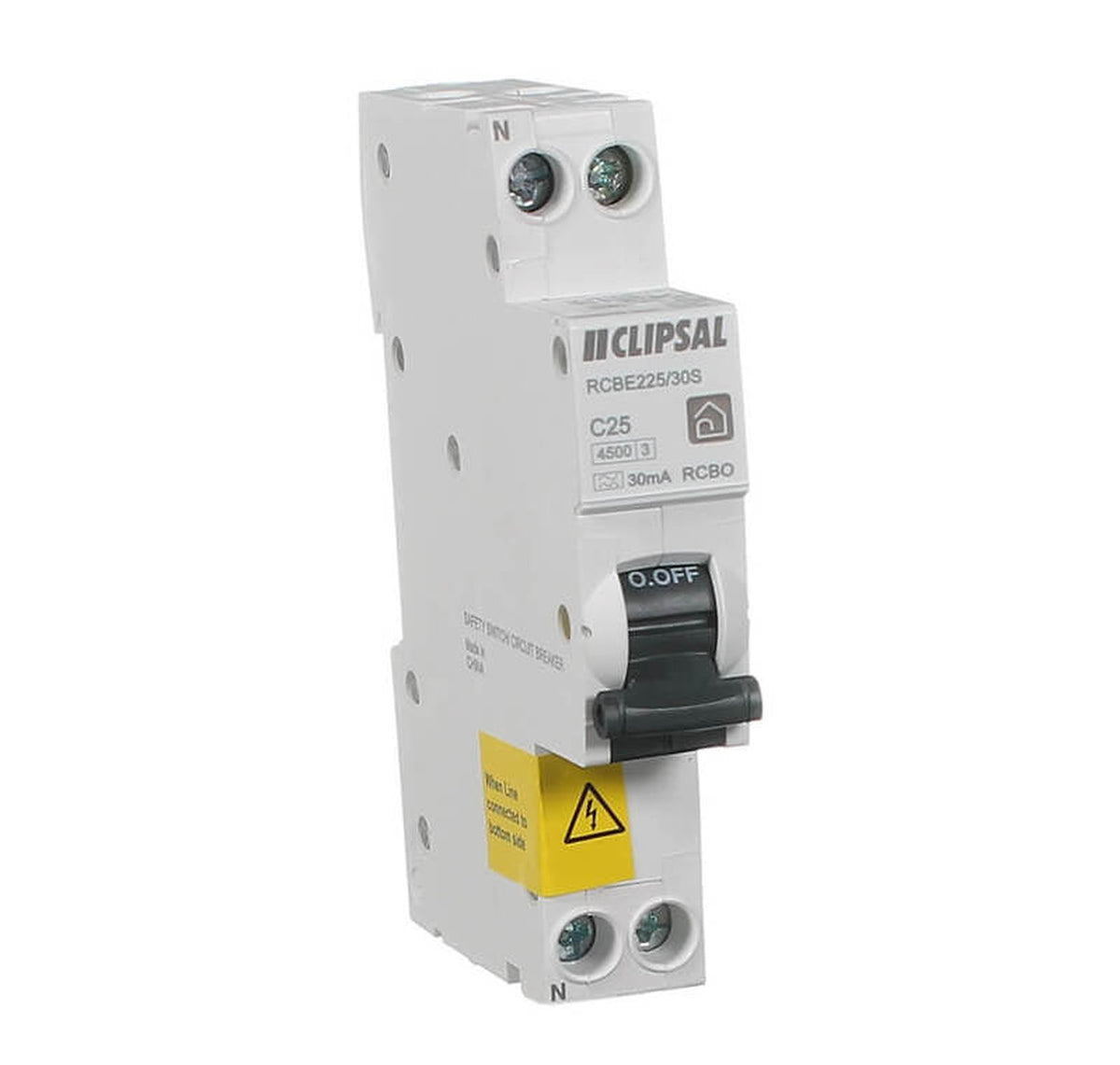 Clipsal RCBE225/30S Resi MAX 25A slim RCBO in white, front left view