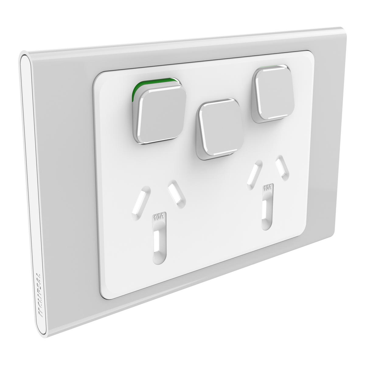 Clipsal Iconic Styl S3025XC-SV silver double power point skin with extra switch, manufacturer front view