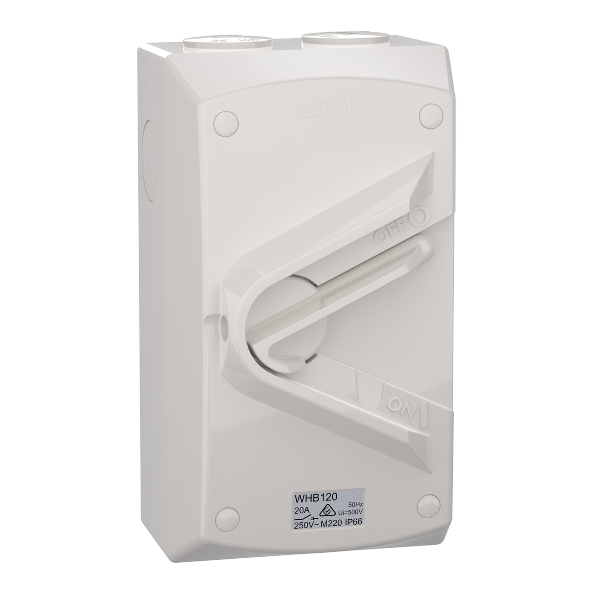 Clipsal WHB120-RG Weathershield 20A isolating switch in Chemical Resistant Grey, front angled view