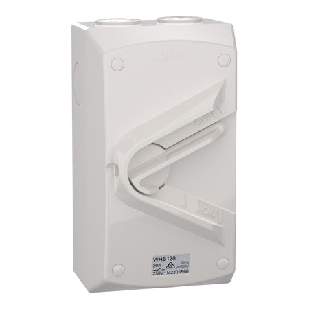 Clipsal WHB120-RG Weathershield 20A isolating switch in Chemical Resistant Grey, front angled view