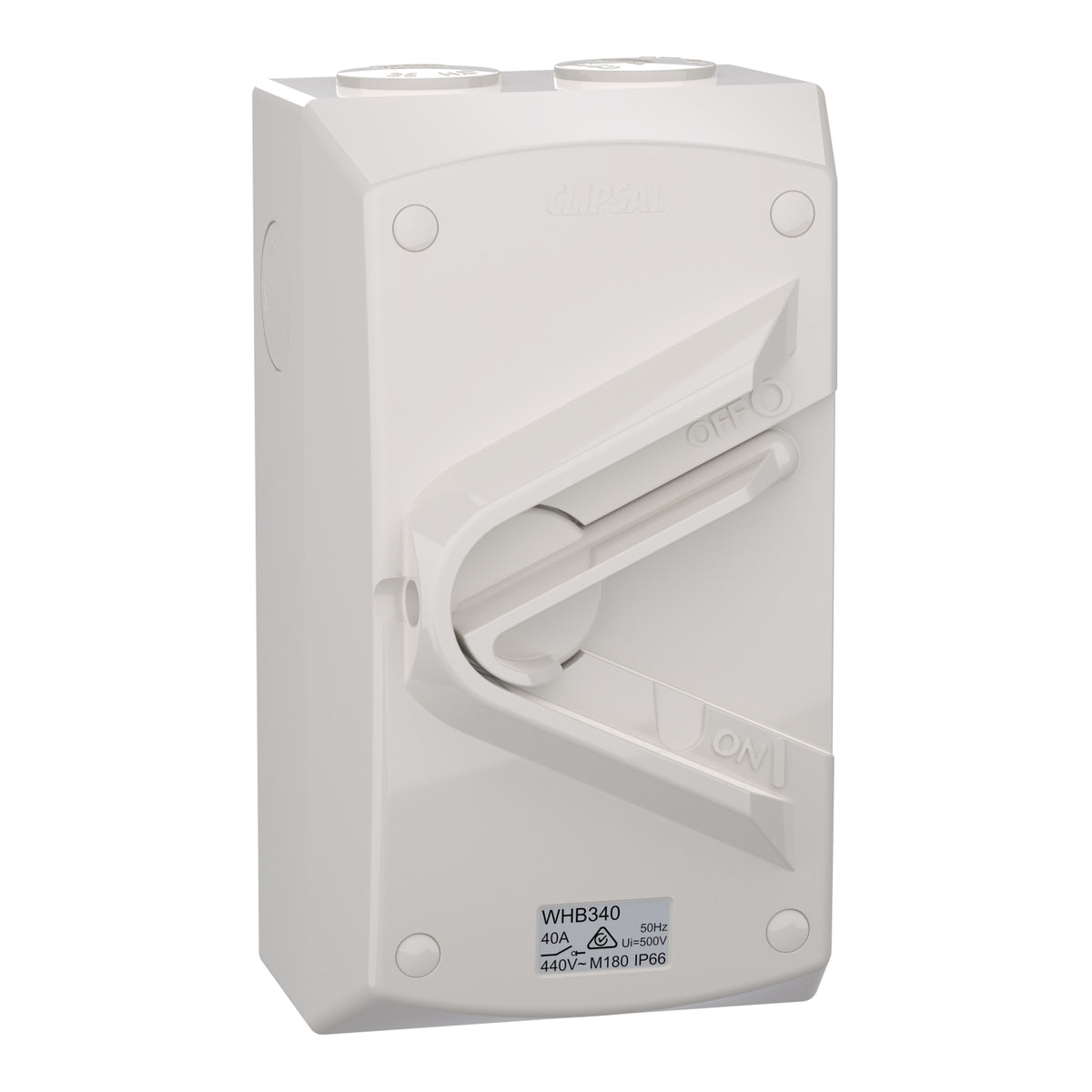 Clipsal WHB340-RG 40A 3 pole weatherproof isolator in Chemical Resistant Grey – front angle