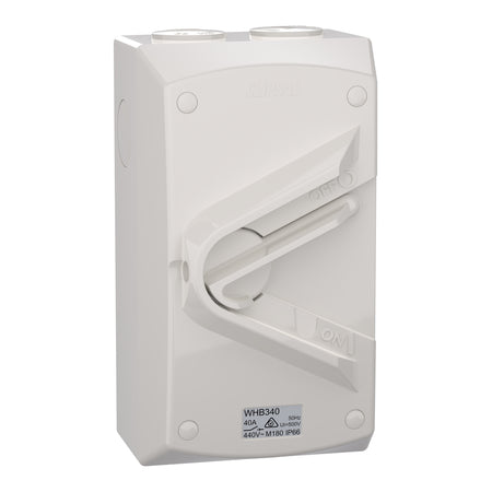 Clipsal WHB340-RG 40A 3 pole weatherproof isolator in Chemical Resistant Grey – front angle