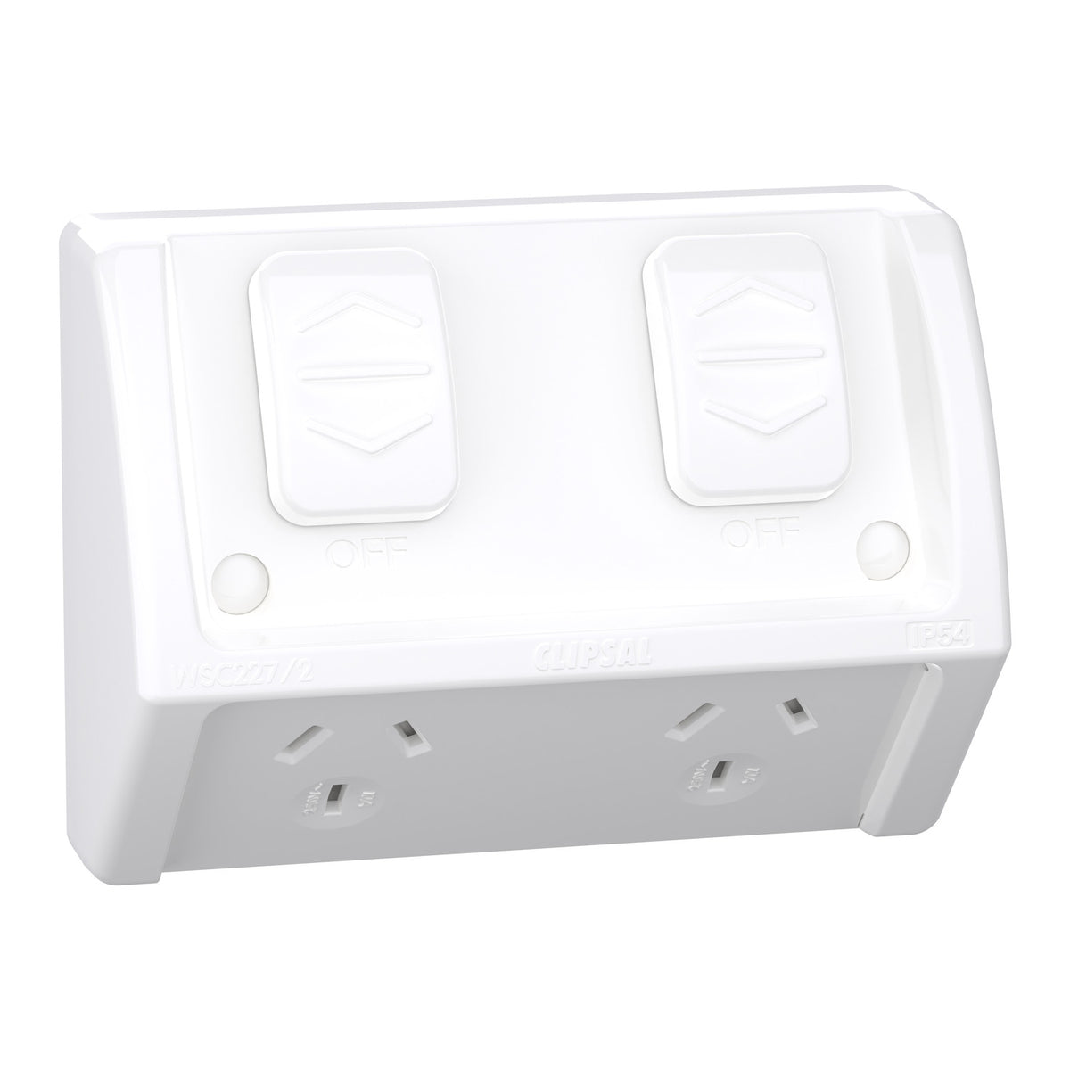 Clipsal WSCF227/2-RW Weathershield double power point in resistant white, angled front view