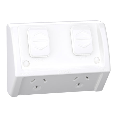 Clipsal WSCF227/2-RW Weathershield double power point in resistant white, angled front view