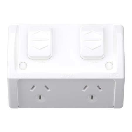 Clipsal Weathershield Flush Double Power Point 10A IP54 | Chemical Resistant White | WSCF227/2-RW