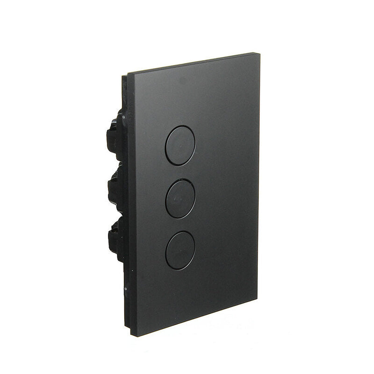 Clipsal Saturn Zen Z4063PBL-ZB three gang LED pushbutton switch in Zen Black, front angled view