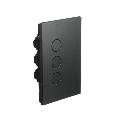 Clipsal Saturn Zen Z4063PBL-ZB three gang LED pushbutton switch in Zen Black, front angled view