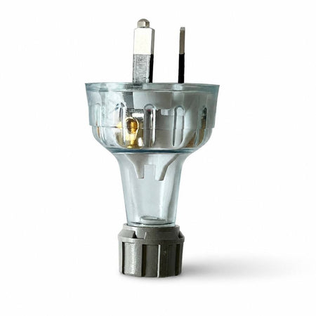 Transparent rewireable three-pin plug with grey cable entry nut, upright view — supplier reference photo showing the 10A version