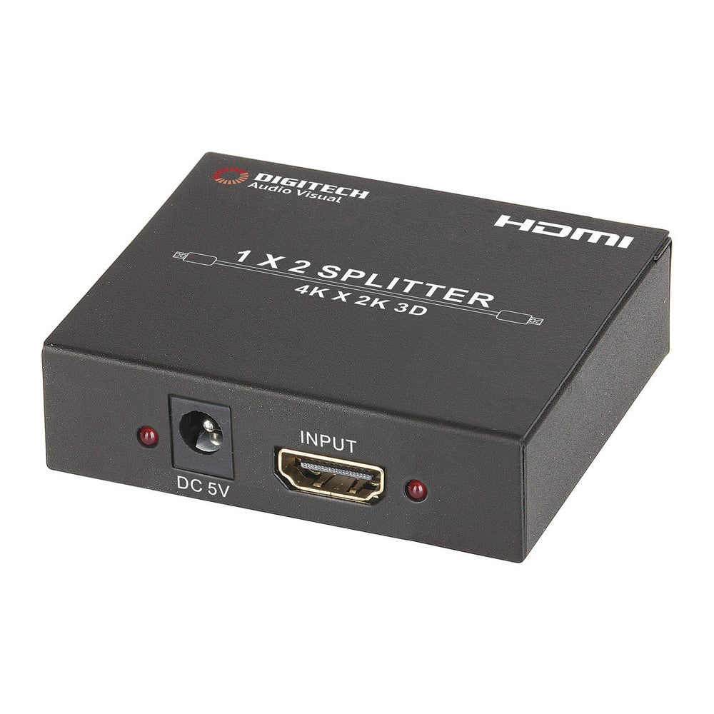 Digitech AC1710 black 2-way HDMI splitter showing the HDMI input and 5V DC power socket