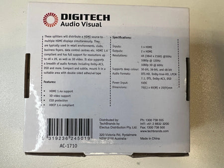 Digitech 2-Way HDMI Splitter, 1 Input 2 Outputs, 4K UHD 30Hz | Black | AC1710