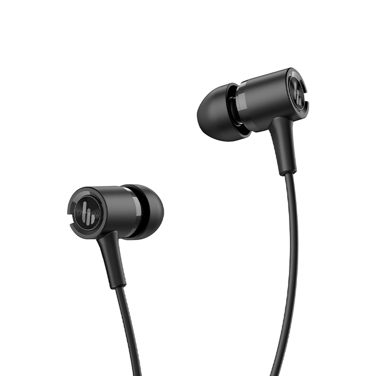 Edifier P205 black wired earbuds with silicone ear tips, angled view