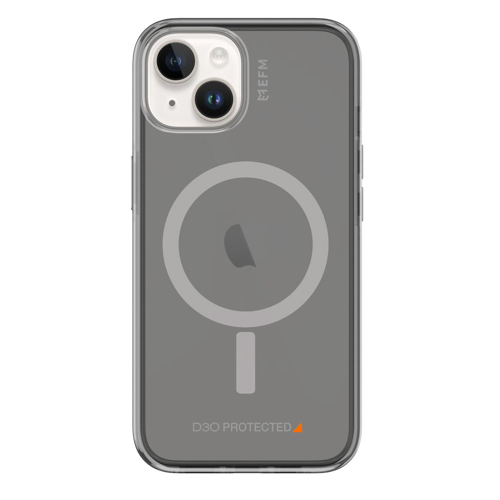 EFM Alta D3O Crystalex Smoke Black case fitted to an iPhone 14 Plus, rear view