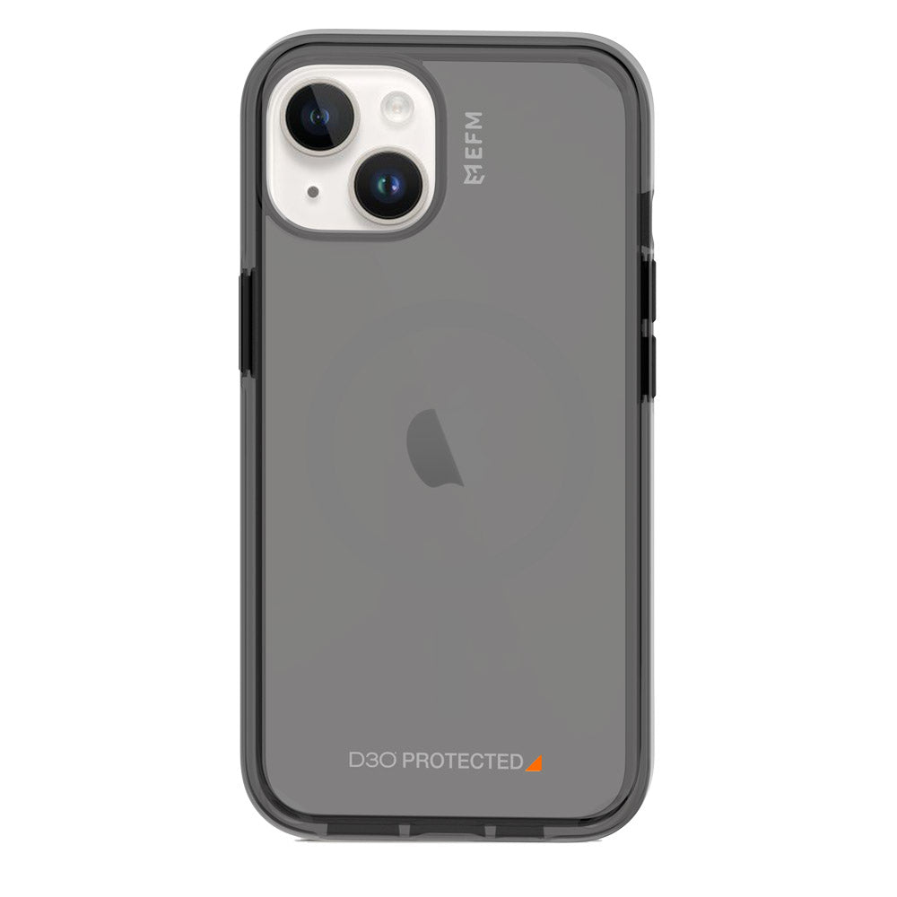 EFM Aspen Pure Black case on iPhone 14 Plus, rear view with translucent back