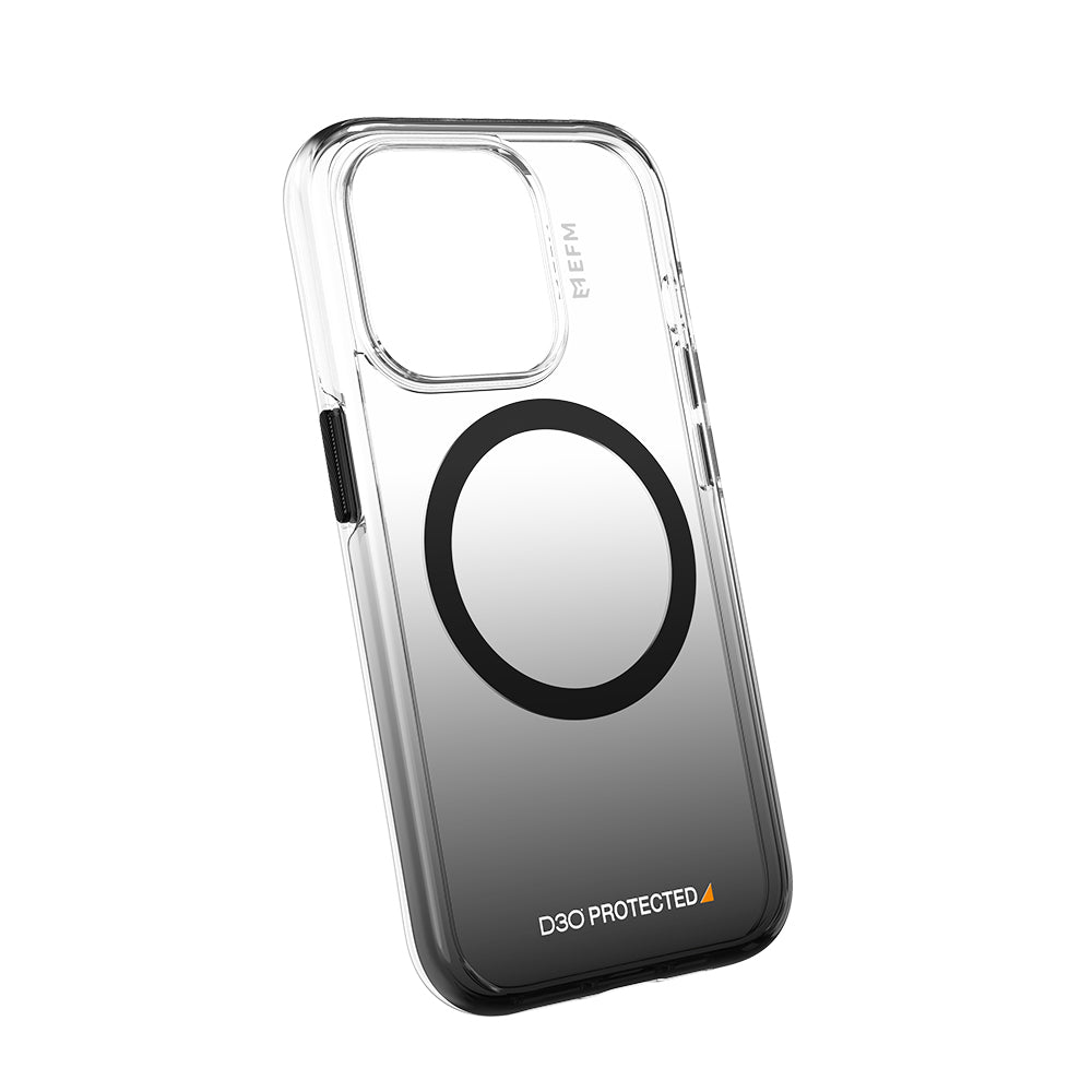 EFM Aspen D3O Bio iPhone 15 Pro Max case in Clear/Black, angled rear view — EFCDUAE608BLA