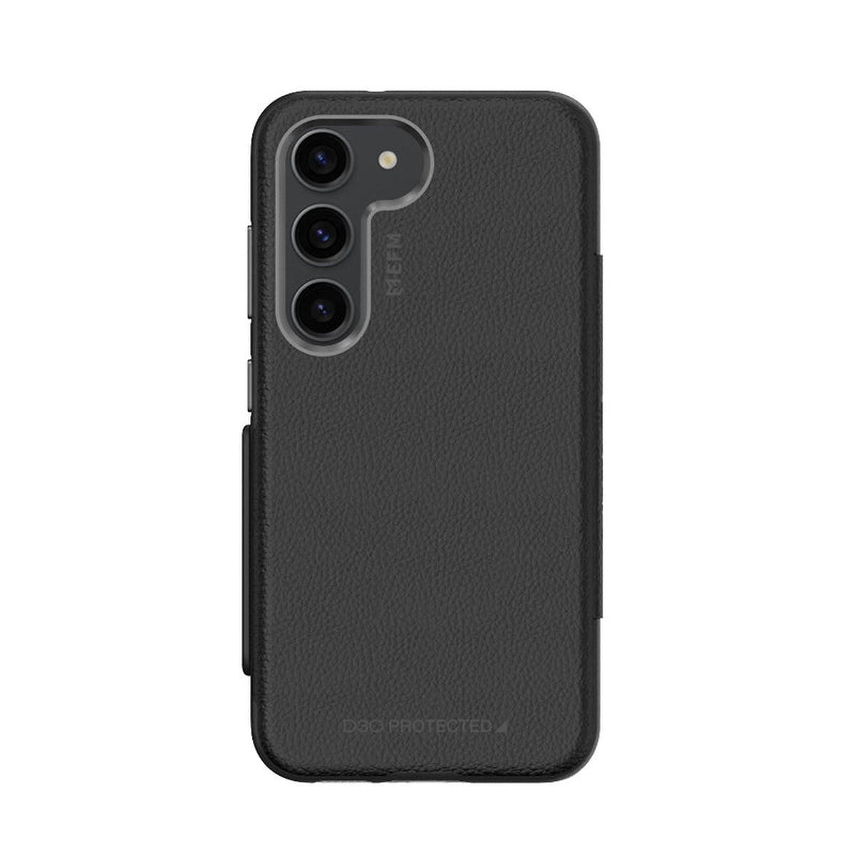 EFM Monaco ELeather D3O wallet case in Black/Space Grey, rear view fitted to a Samsung Galaxy S23+ — EFCFLAE283BLA