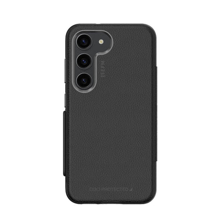 EFM Monaco ELeather D3O wallet case in Black/Space Grey, rear view fitted to a Samsung Galaxy S23+ — EFCFLAE283BLA