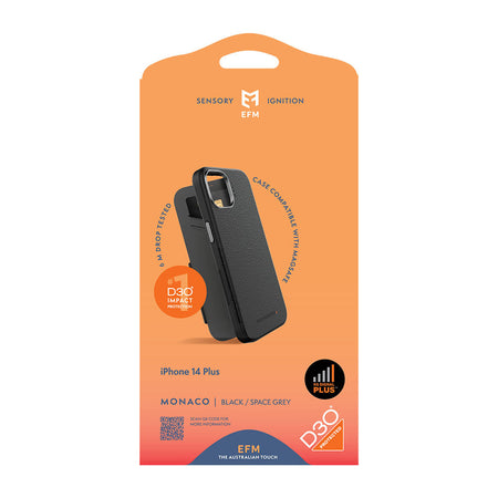 EFM Monaco ELeather MagSafe Case with Wallet for iPhone 14 Plus | Black / Space Grey | EFCFLAE197BLA