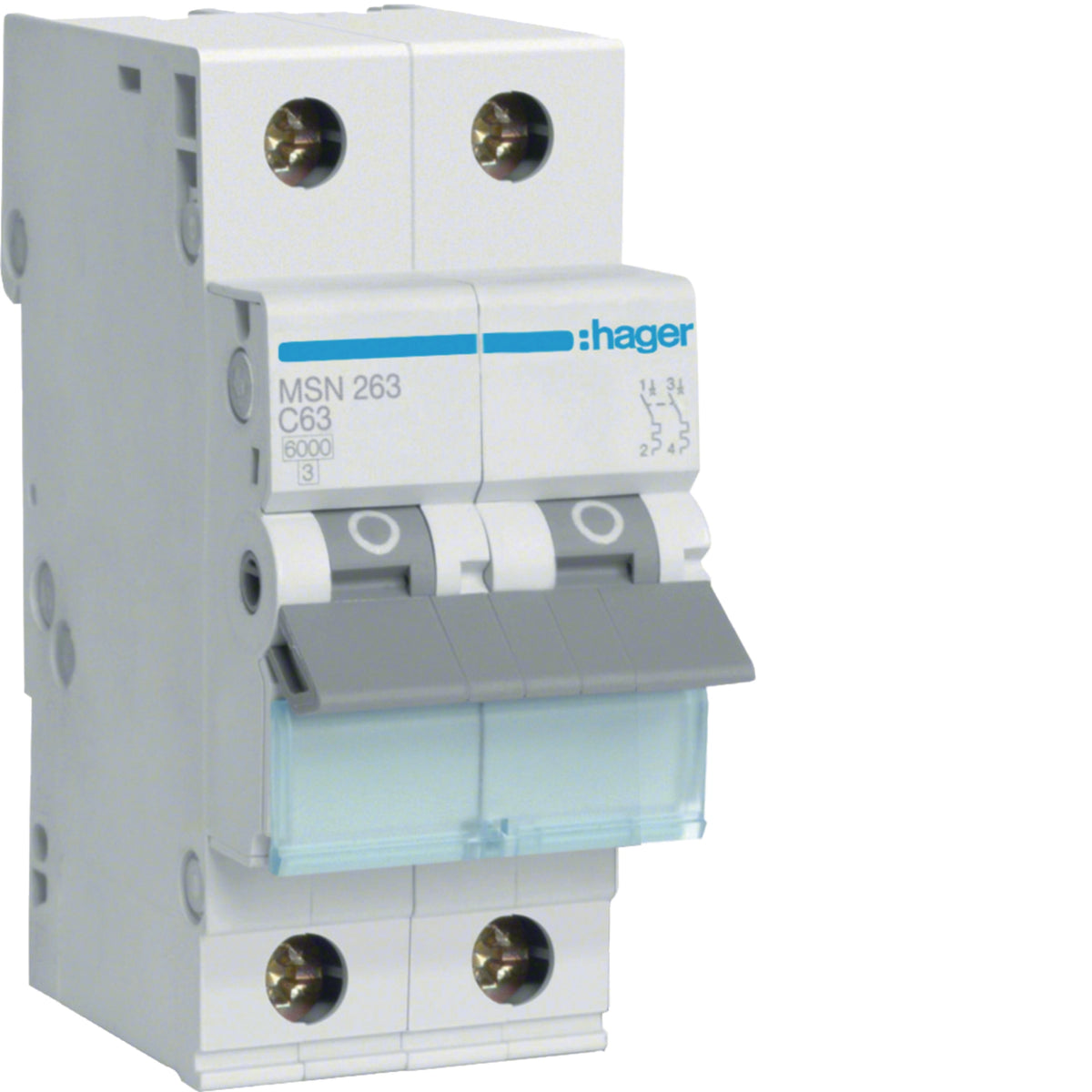 Hager MSN263 63A double-pole 6kA C-curve circuit breaker in grey