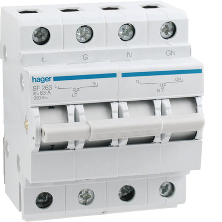 Hager SF263 63A 2-pole manual changeover switch in white, manufacturer front view