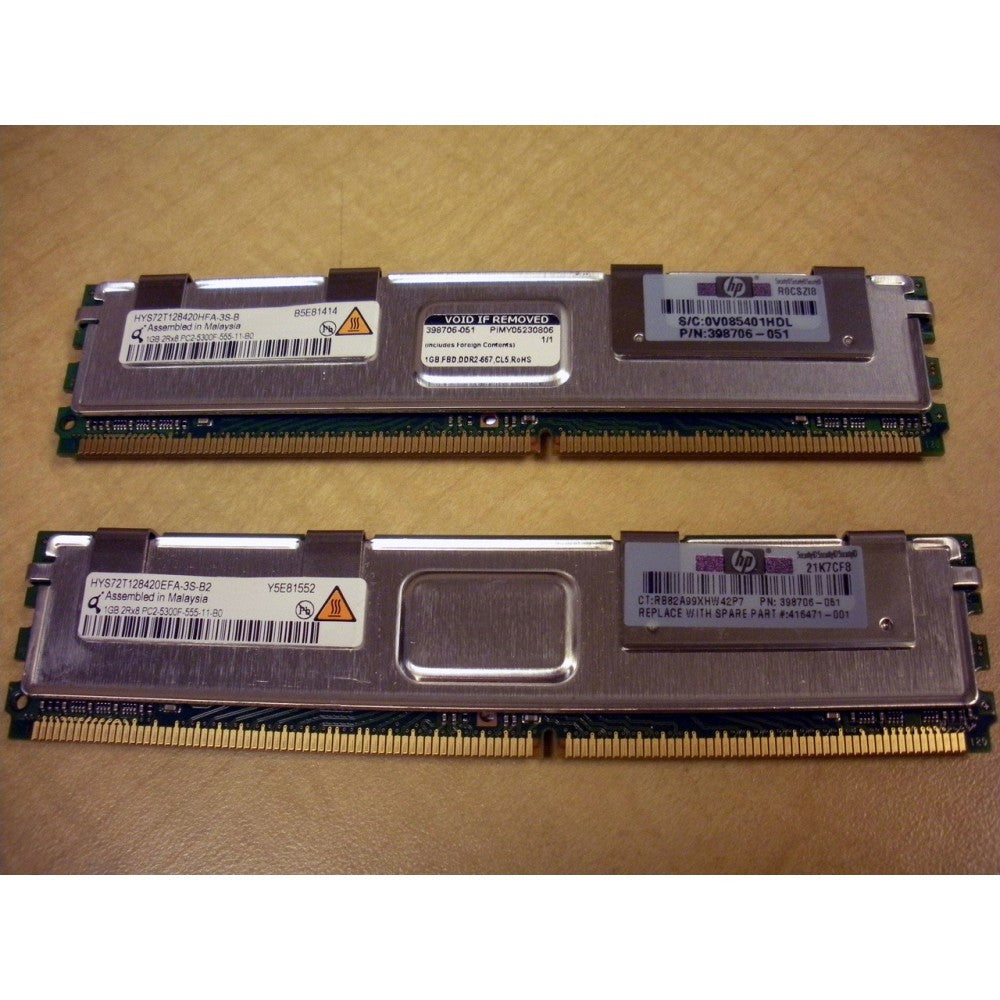 HP 397411-B21 2GB server memory kit containing two 1GB DDR2-667 PC2-5300F ECC modules