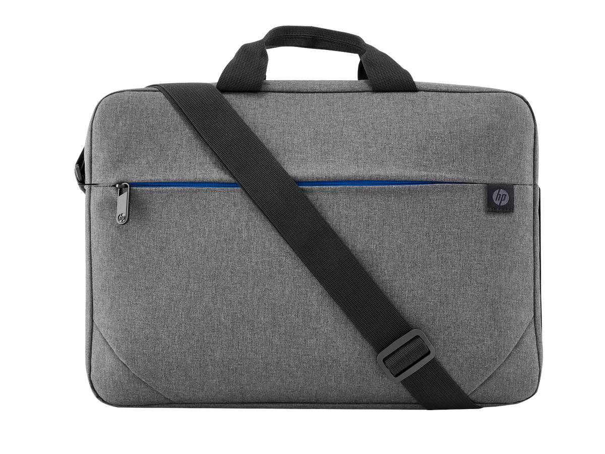 HP Prelude 15.6-inch laptop bag 1E7D7AA in grey and black with blue zip detail — front