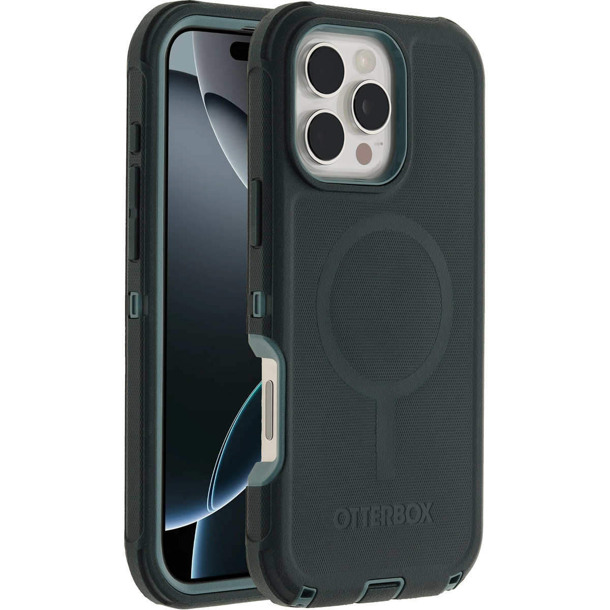 OtterBox Defender MagSafe case for iPhone 16 Pro Max in Sagebrush Green, front and rear view