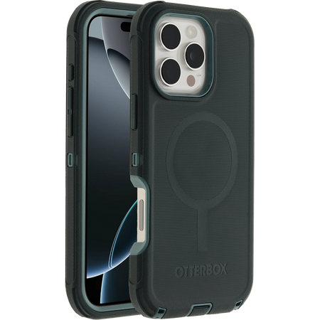 OtterBox Defender MagSafe case for iPhone 16 Pro Max in Sagebrush Green, front and rear view