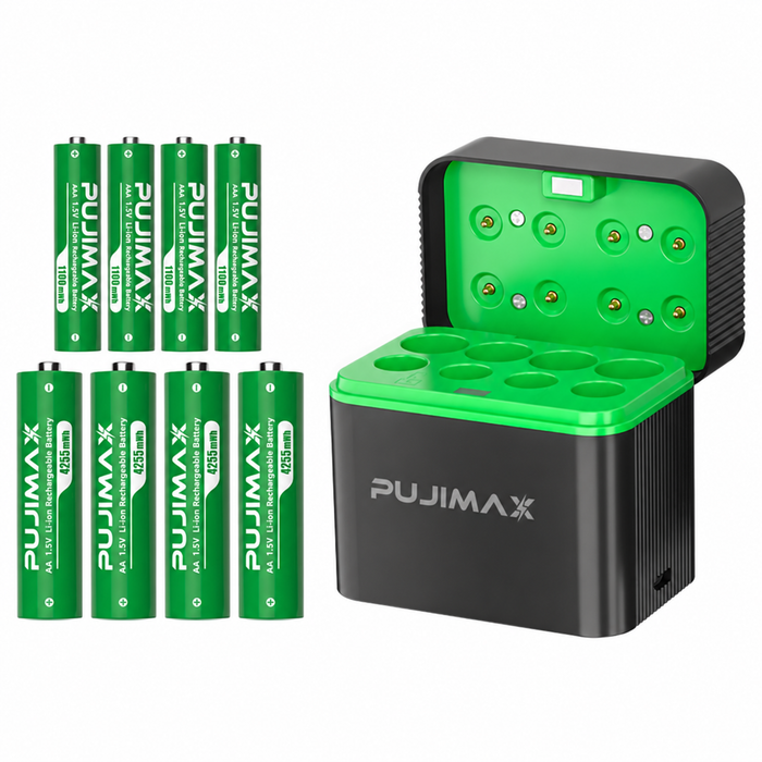 PUJIMAX AA & AAA Rechargeable Lithium Battery Kit with USB Charger | Black/Green